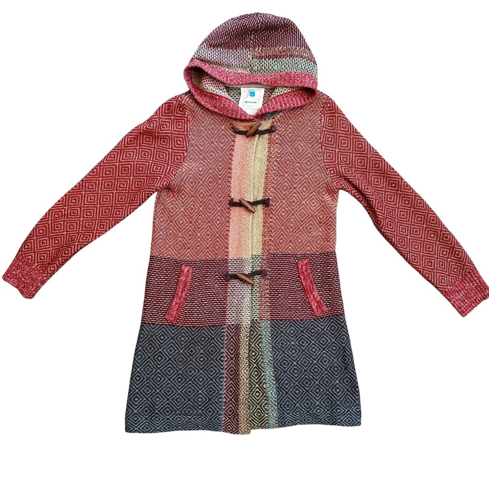 Sparrow Anthropologie Hooded Toggle Cardigan Wmn L Red Geometric Wool Blend Exc